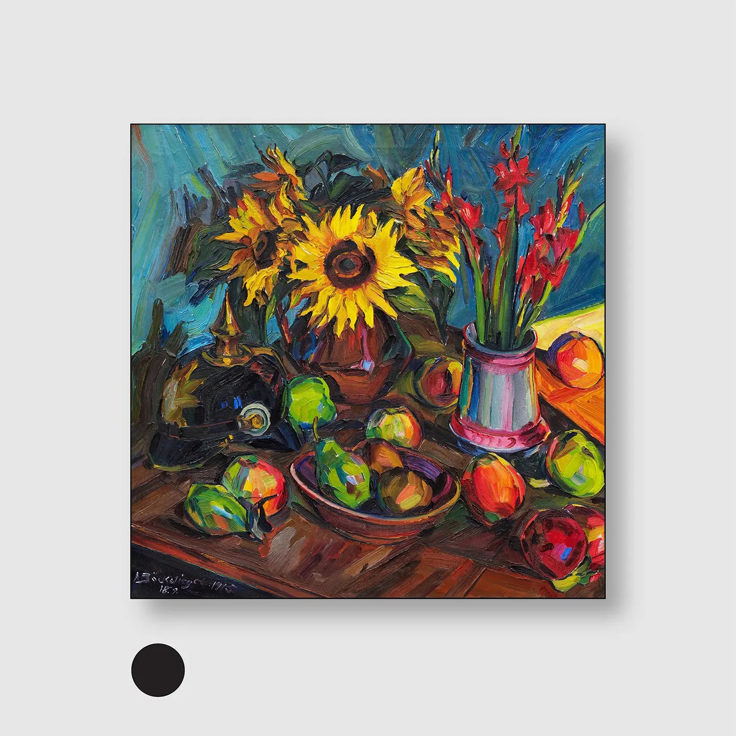 Floral still life with sunflowers, gladioli and spiked helmet (1915) (Graphic Only) with Black Frame - Dramatic Still life Wall Art