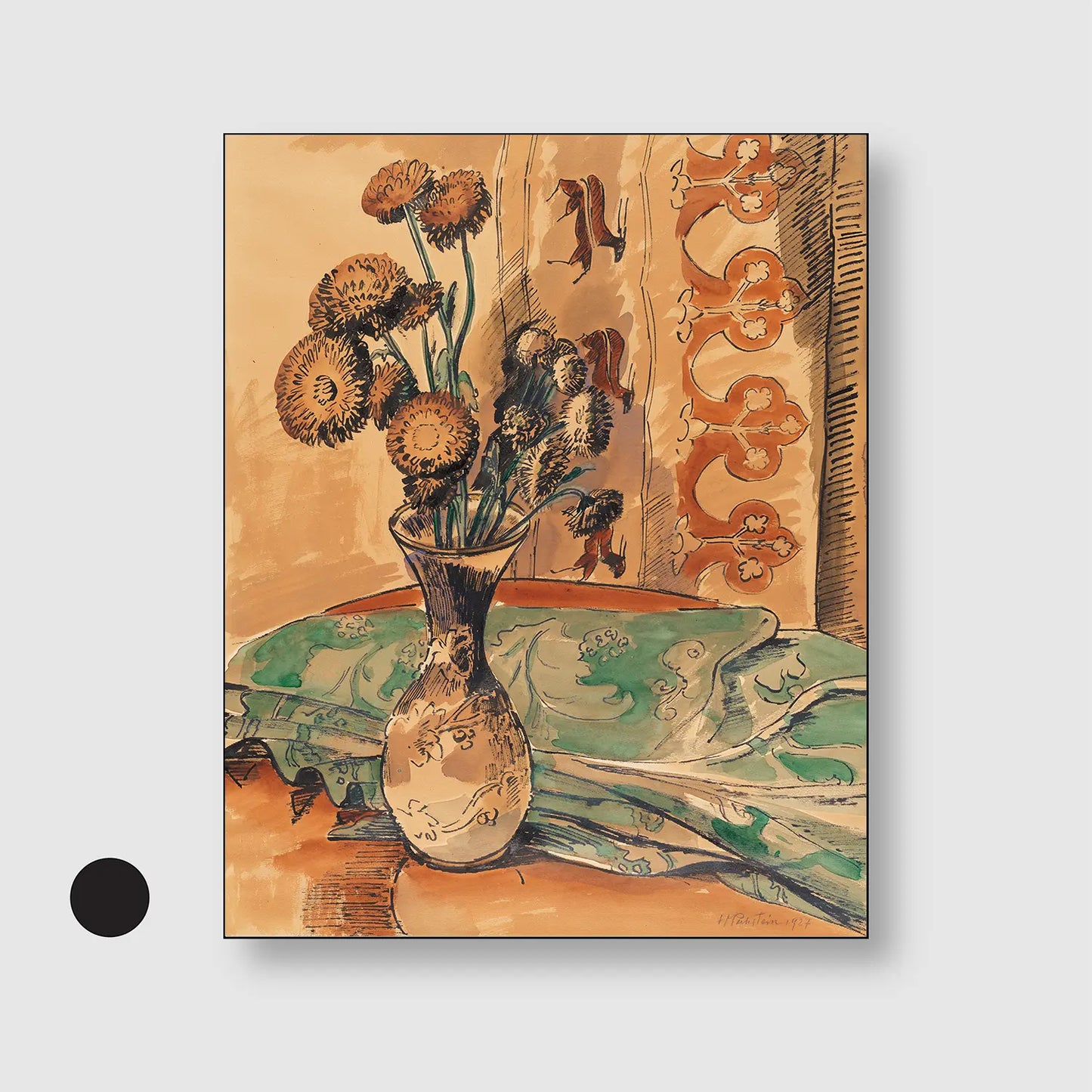 Flower Still Life with Green Blanket (1927) (Graphic Only) with Black Frame - Cozy Still life Wall Art