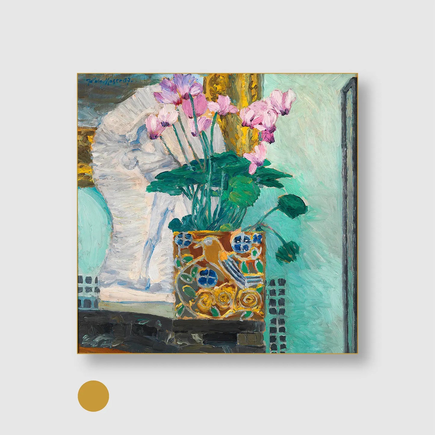 Floral still life with cyclamen branch (1907) (Graphic Only) with Gold Frame - Dramatic Still life Wall Art