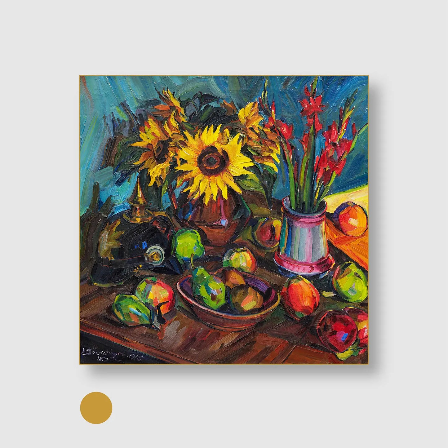 Floral still life with sunflowers, gladioli and spiked helmet (1915) (Graphic Only) with Gold Frame - Dramatic Still life Wall Art