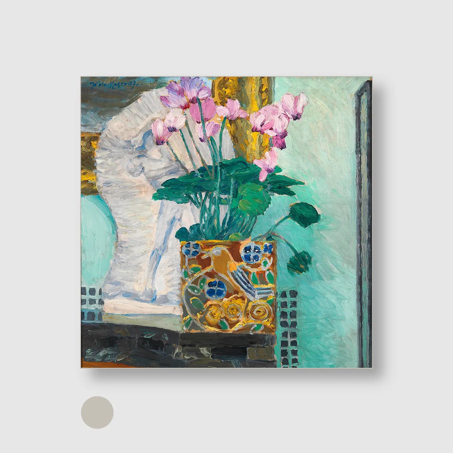 Floral still life with cyclamen branch (1907) (Graphic Only) with Silver Frame - Dramatic Still life Wall Art