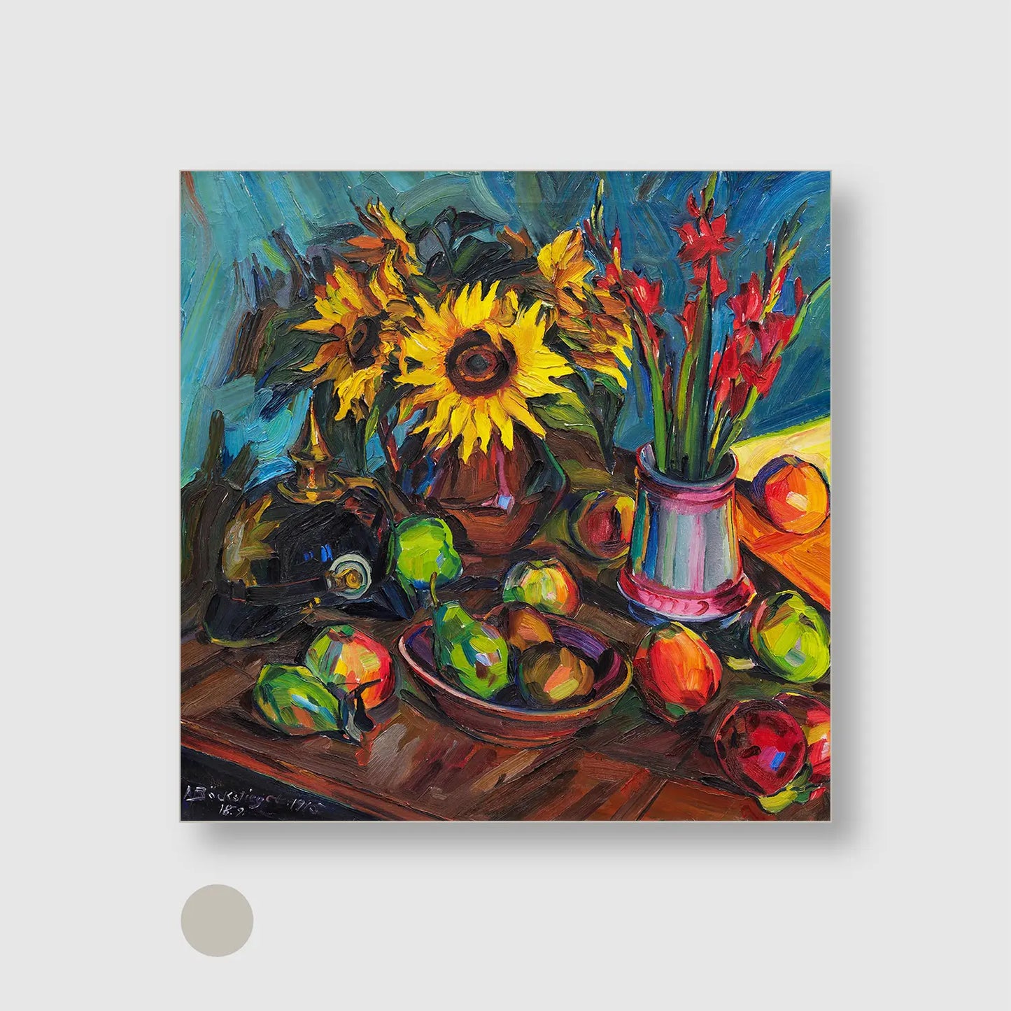 Floral still life with sunflowers, gladioli and spiked helmet (1915) (Graphic Only) with Silver Frame - Dramatic Still life Wall Art