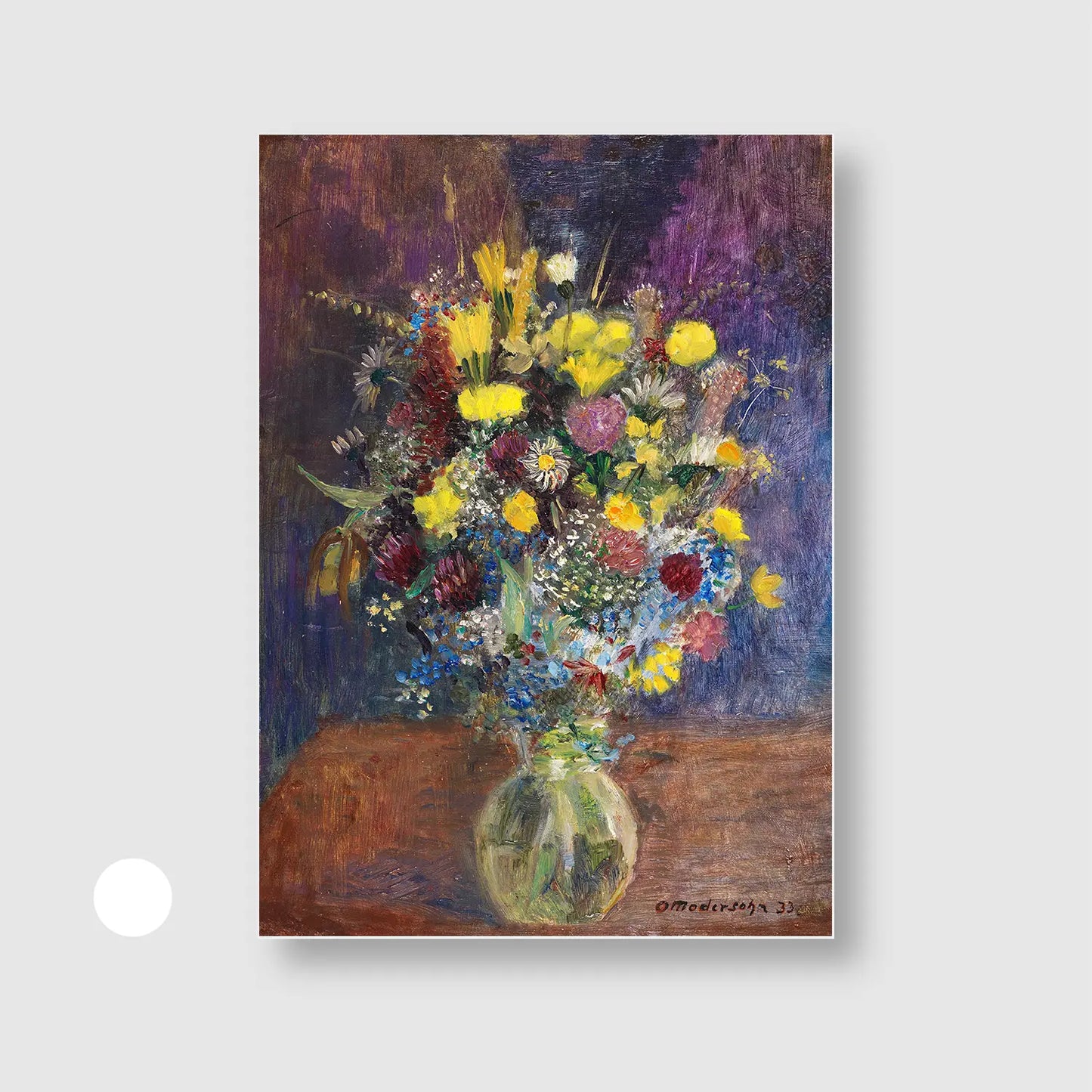 Flowers against a blue-tinted background (1933) (Graphic Only) with White Frame - Dramatic Still life Wall Art