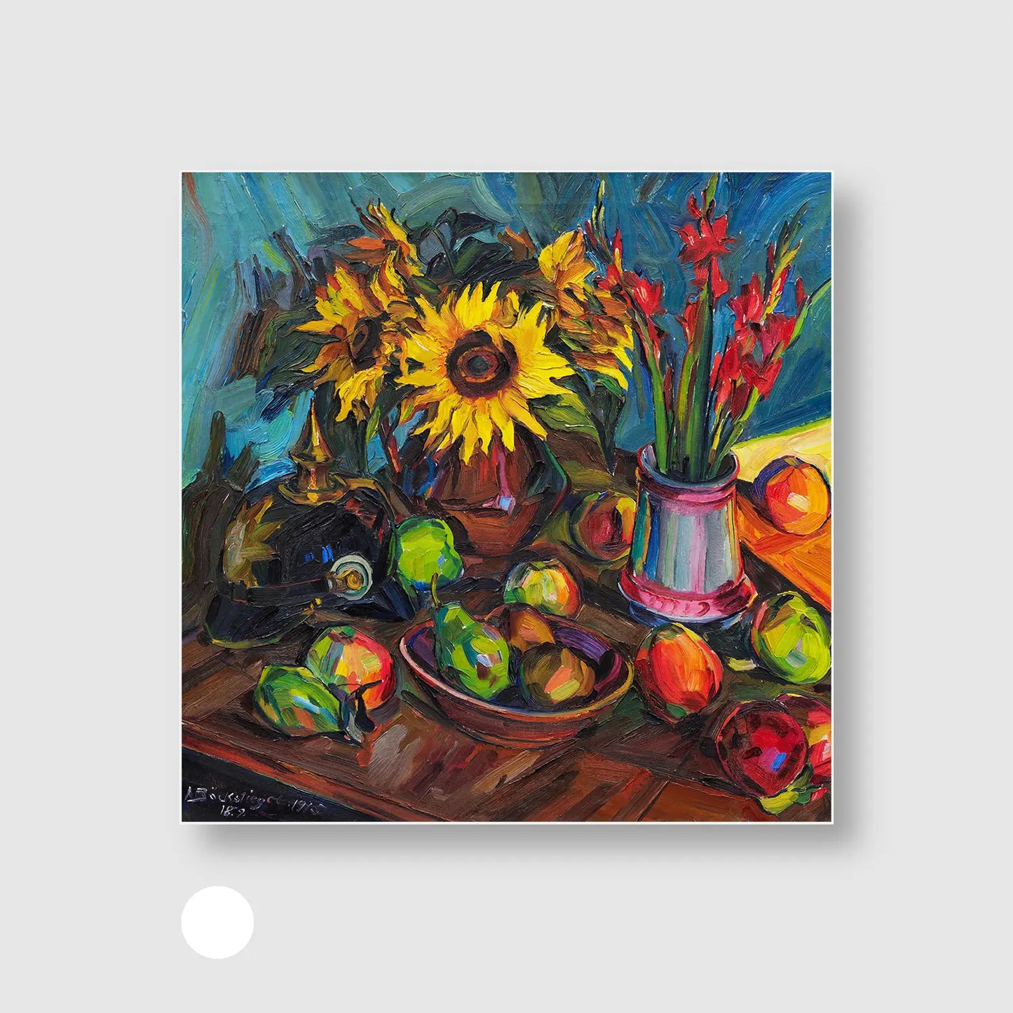 Floral still life with sunflowers, gladioli and spiked helmet (1915) (Graphic Only) with White Frame - Dramatic Still life Wall Art