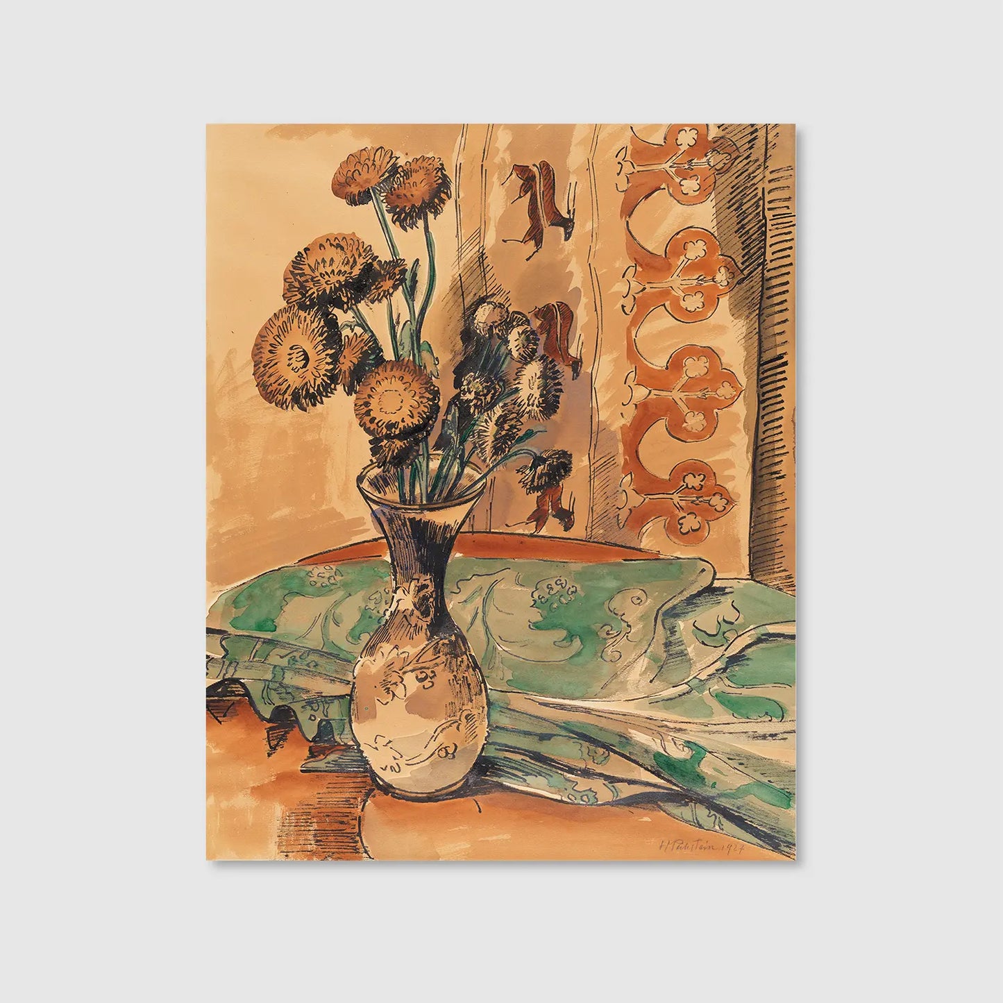 Flower Still Life with Green Blanket (1927) (Graphic Only) - Cozy Still life Wall Art for Bedroom
