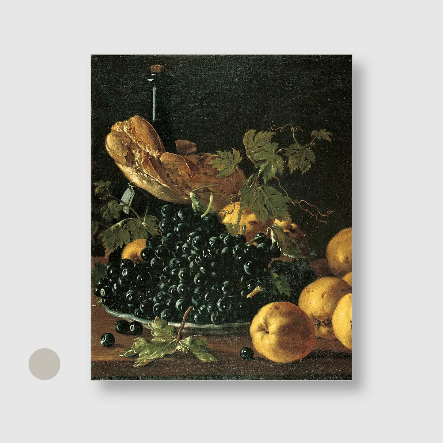 Still Life with Bread, Apples, Grapes and a Bottle (circa 1771) (Graphic Only) with Silver Frame - Serene Still life Wall Art