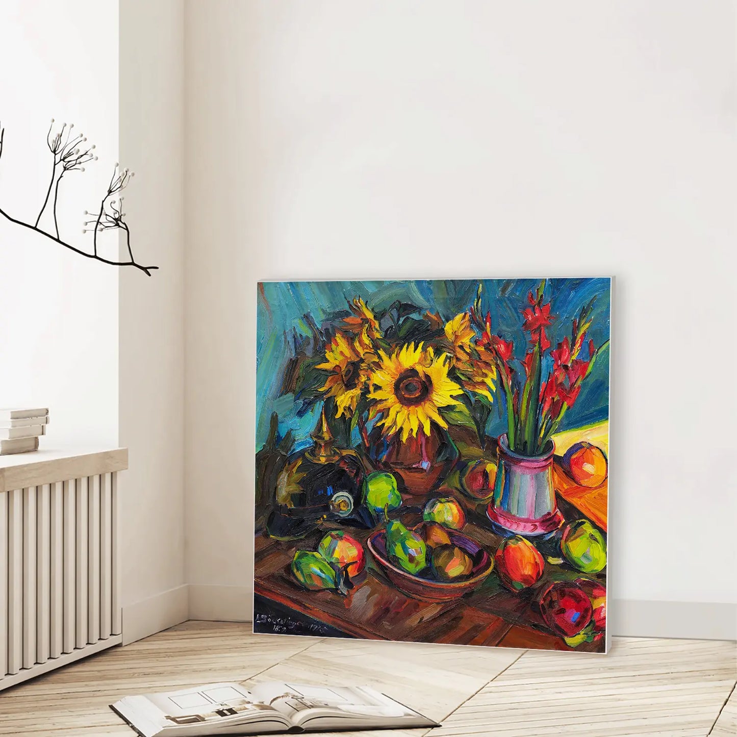 Floral still life with sunflowers, gladioli and spiked helmet (1915) (Graphic Only) Lifestyle View - Dramatic Still life Wall Art
