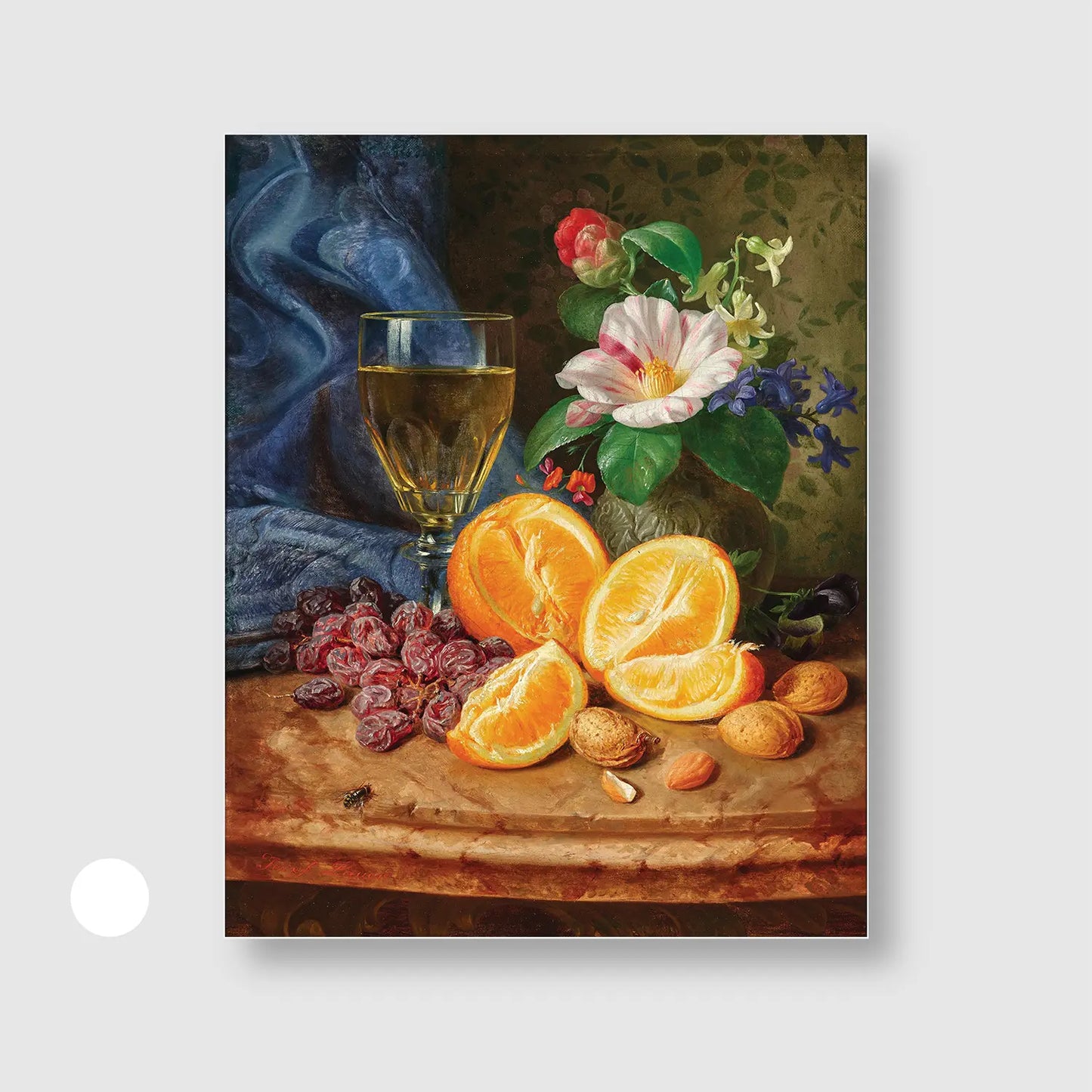 Still Life with Oranges, a Wine Glass and Camellias in a Vase (Graphic Only) with White Frame - Cozy Still life Wall Art