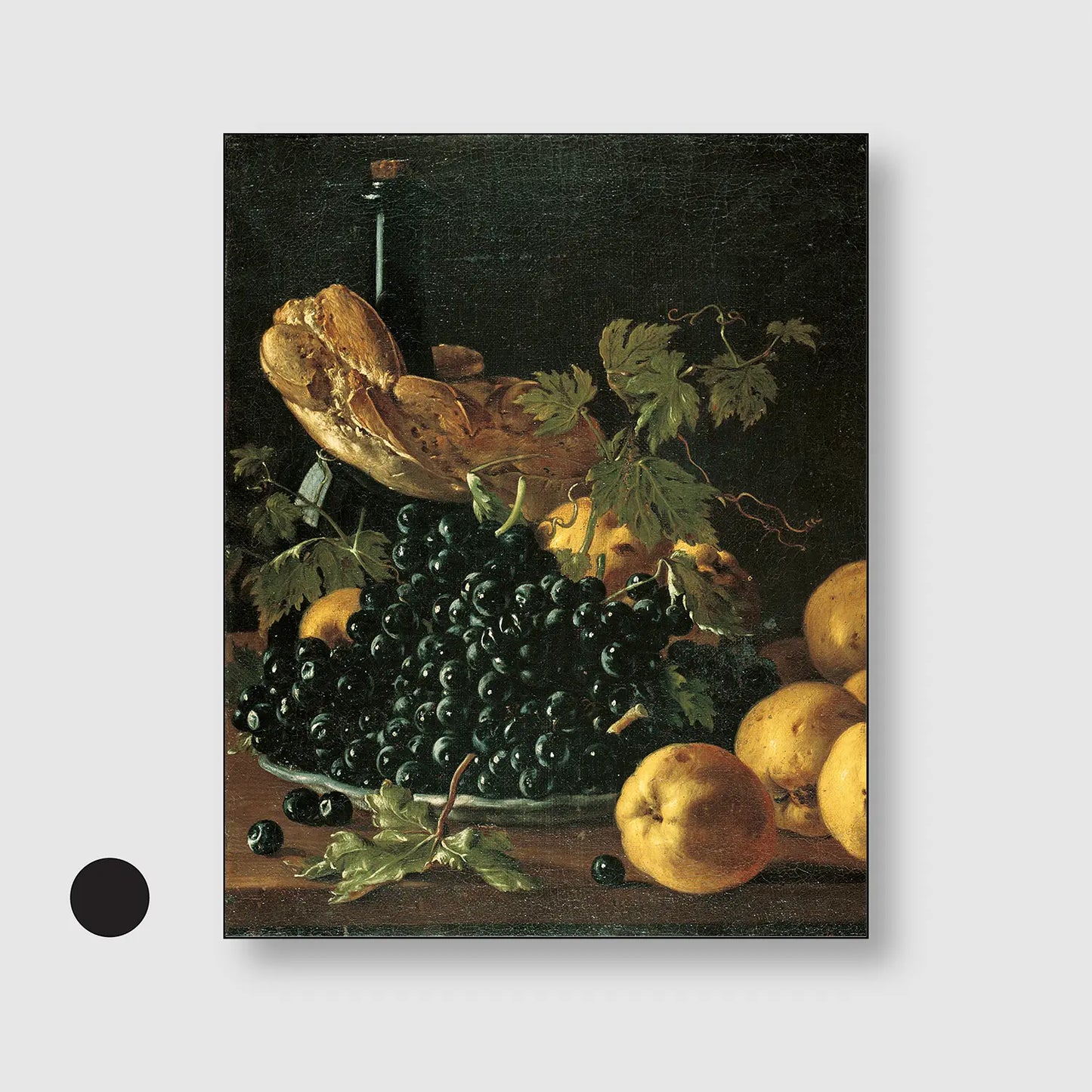 Still Life with Bread, Apples, Grapes and a Bottle (circa 1771) (Graphic Only) with Black Frame - Serene Still life Wall Art