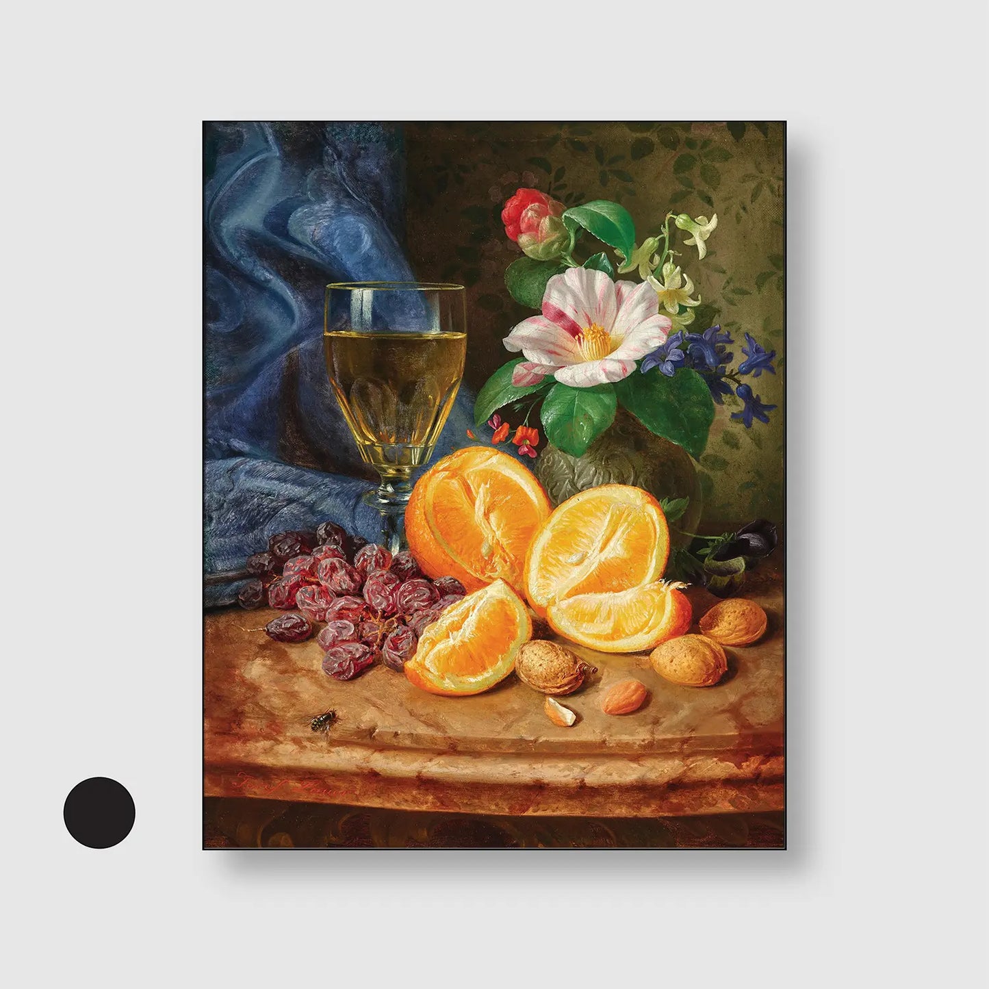 Still Life with Oranges, a Wine Glass and Camellias in a Vase (Graphic Only) with Black Frame - Cozy Still life Wall Art