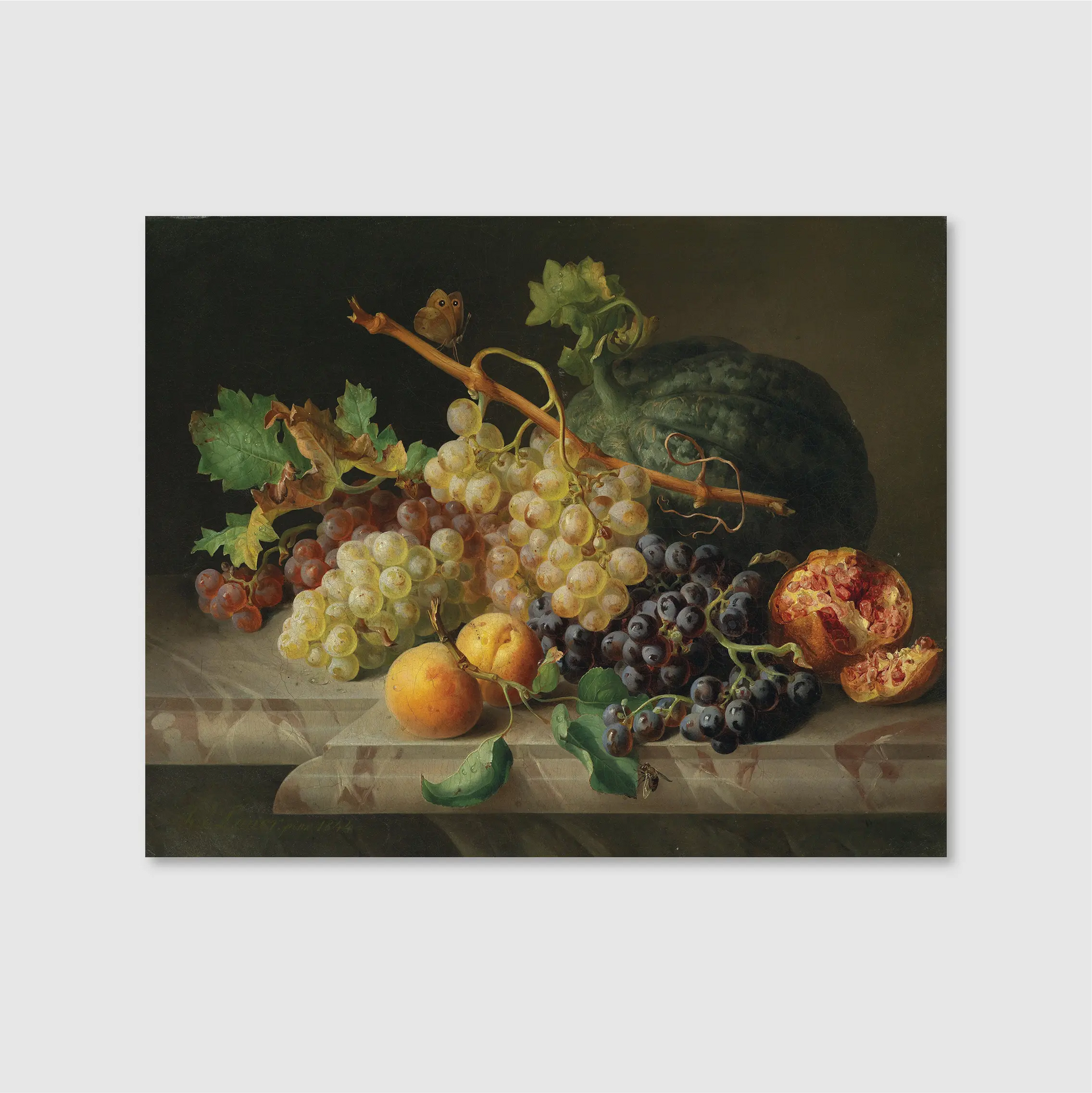 Stillleben mit Granatapfel Weintrauben und Melone (1844)