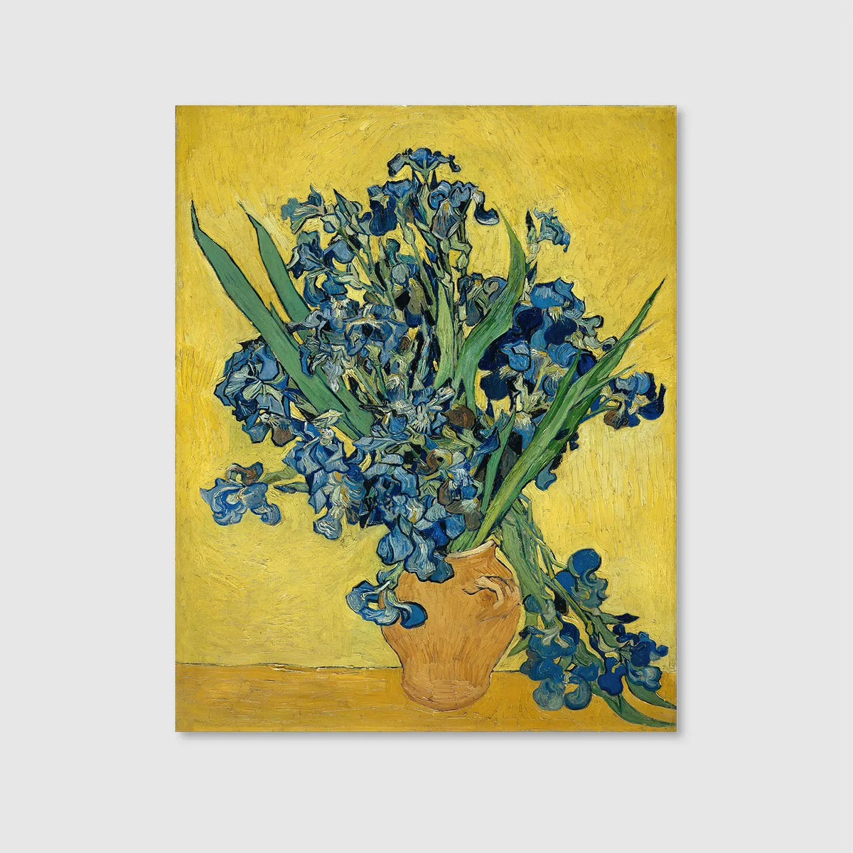 Vase with Irises Against a Yellow Background