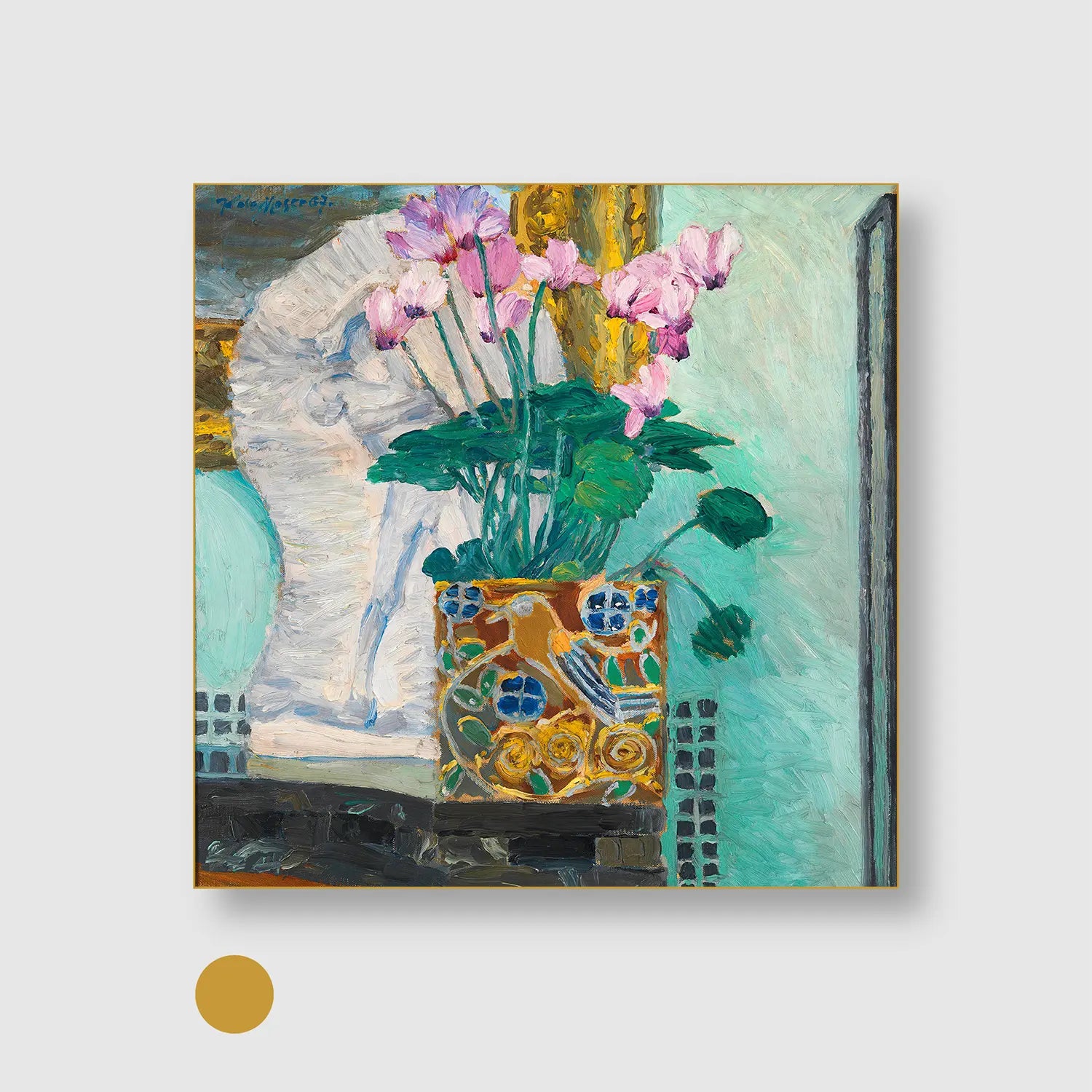 Floral still life with cyclamen branch (1907) (Graphic Only) with Gold Frame - Dramatic Still life Wall Art