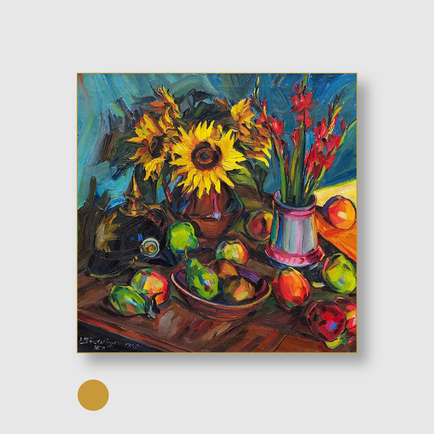 Floral still life with sunflowers, gladioli and spiked helmet (1915) (Graphic Only) with Gold Frame - Dramatic Still life Wall Art
