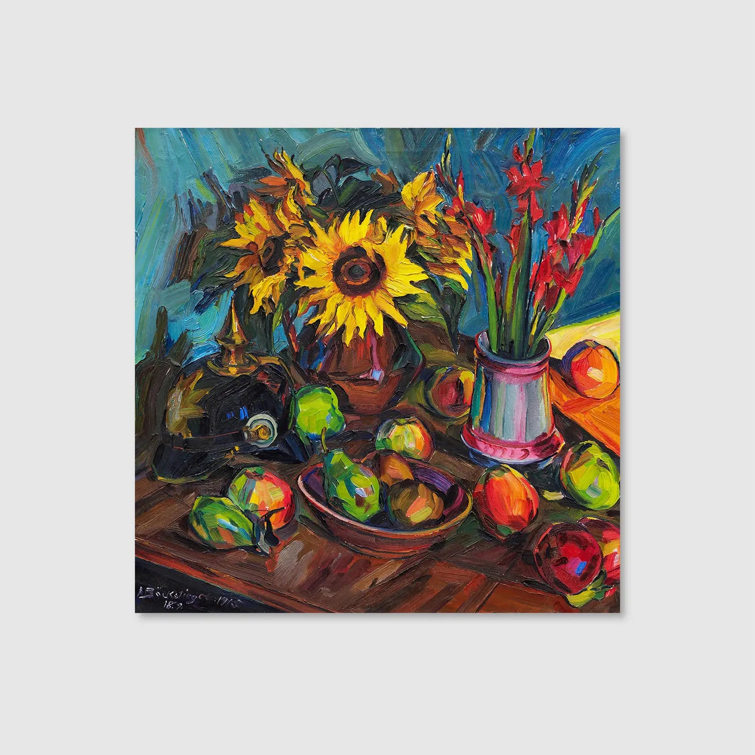 Floral still life with sunflowers, gladioli and spiked helmet (1915) (Graphic Only) - Dramatic Still life Wall Art for Living room