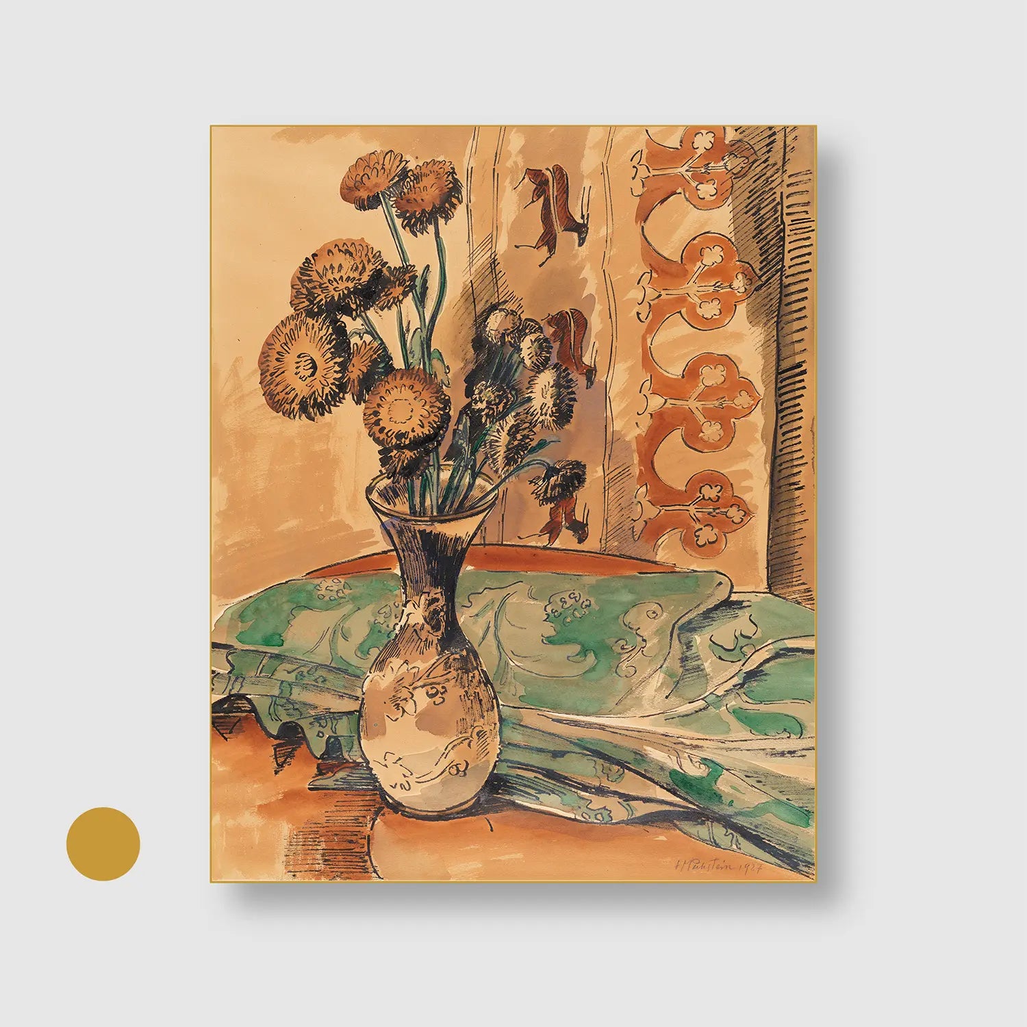Flower Still Life with Green Blanket (1927) (Graphic Only) with Gold Frame - Cozy Still life Wall Art