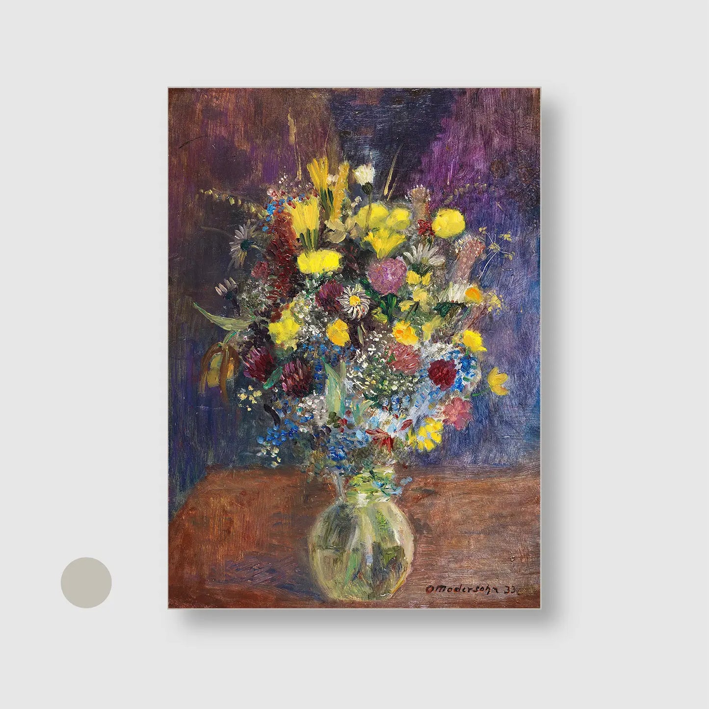 Flowers against a blue-tinted background (1933) with Silver Frame - Dramatic Still life Wall Art