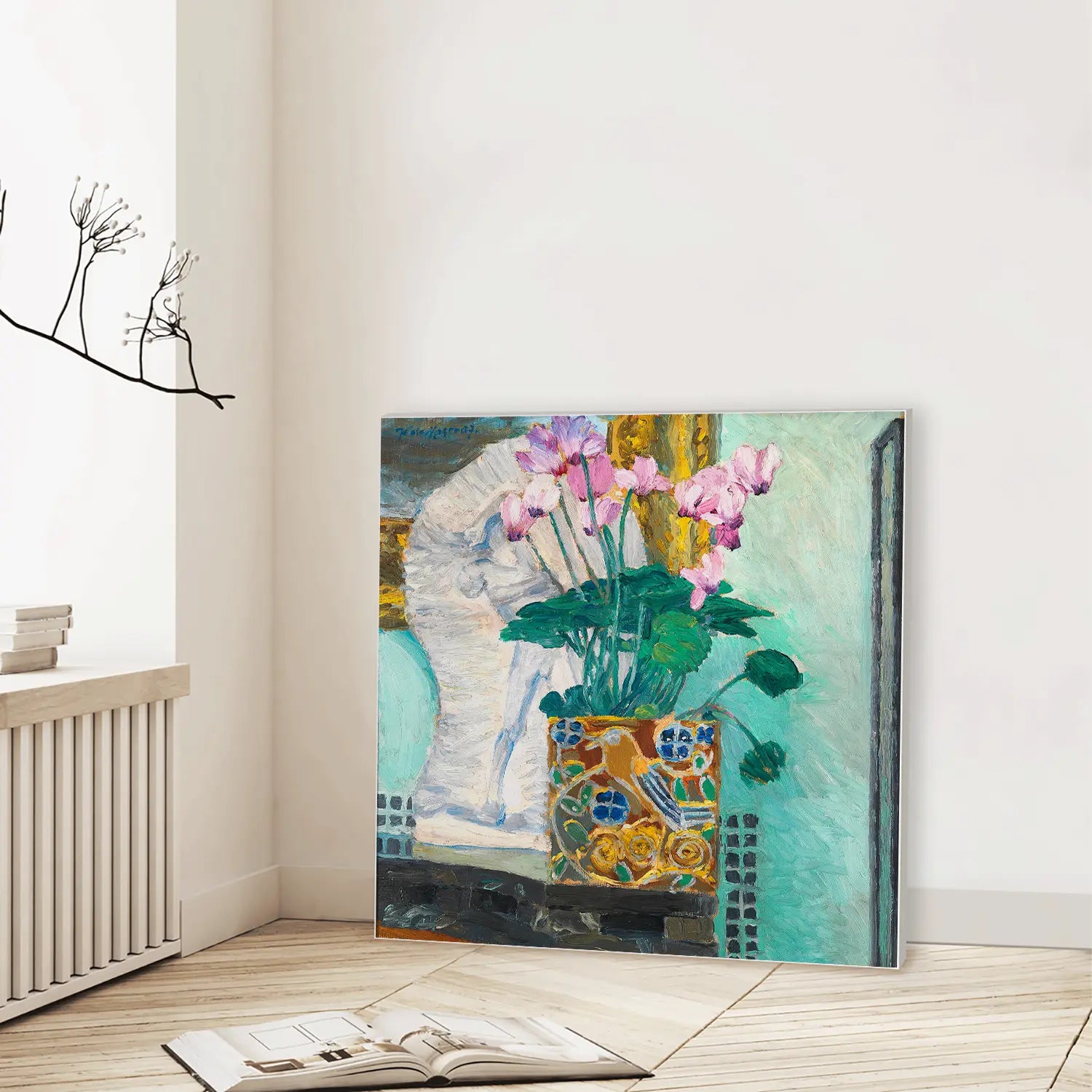 Floral still life with cyclamen branch (1907) (Graphic Only) Lifestyle View - Dramatic Still life Wall Art