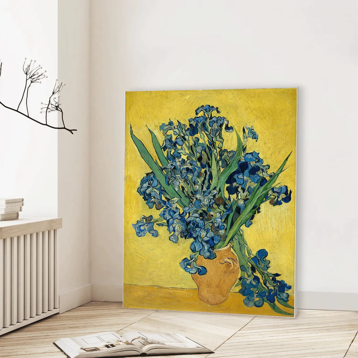 Vase with Irises Against a Yellow Background