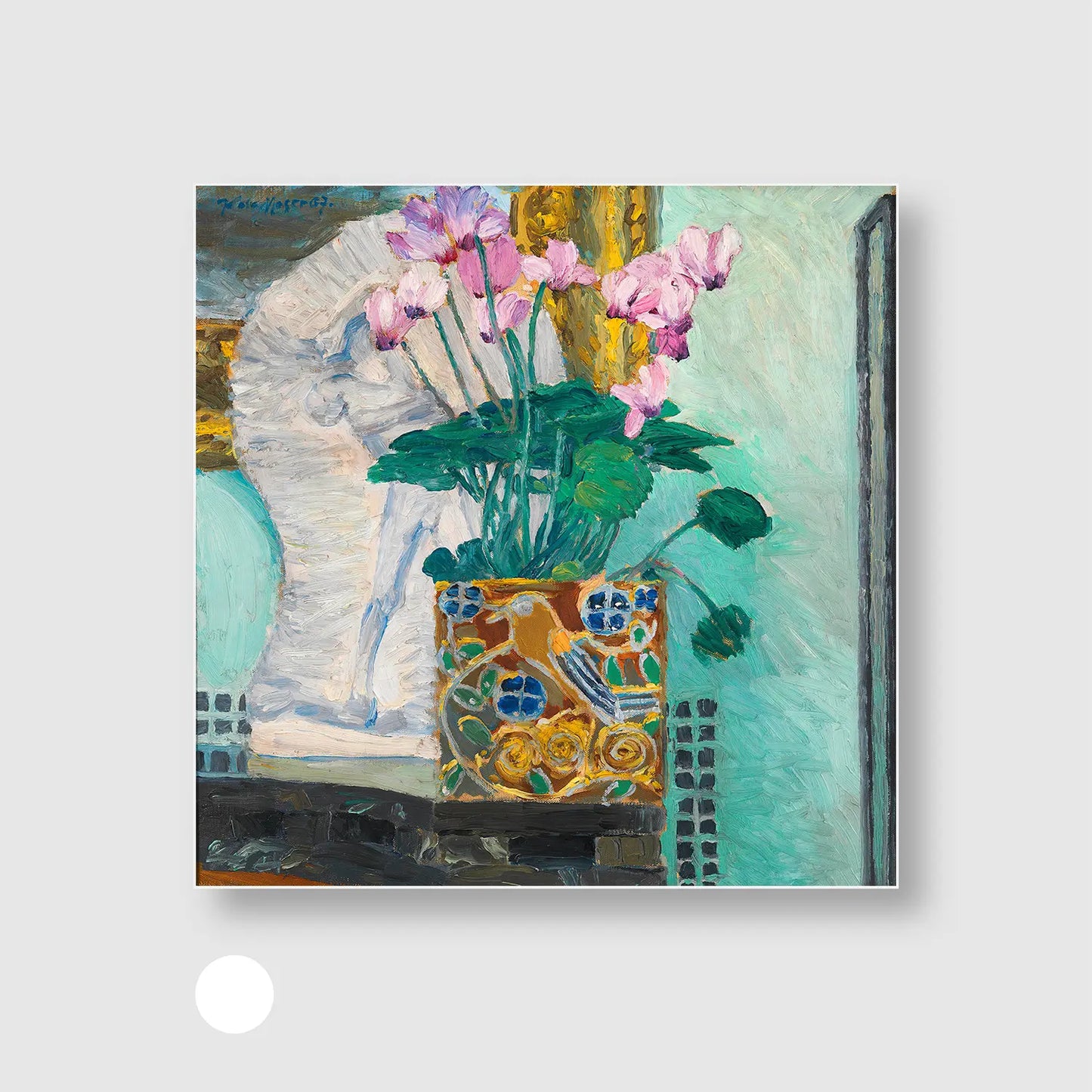 Floral still life with cyclamen branch (1907) (Graphic Only) with White Frame - Dramatic Still life Wall Art