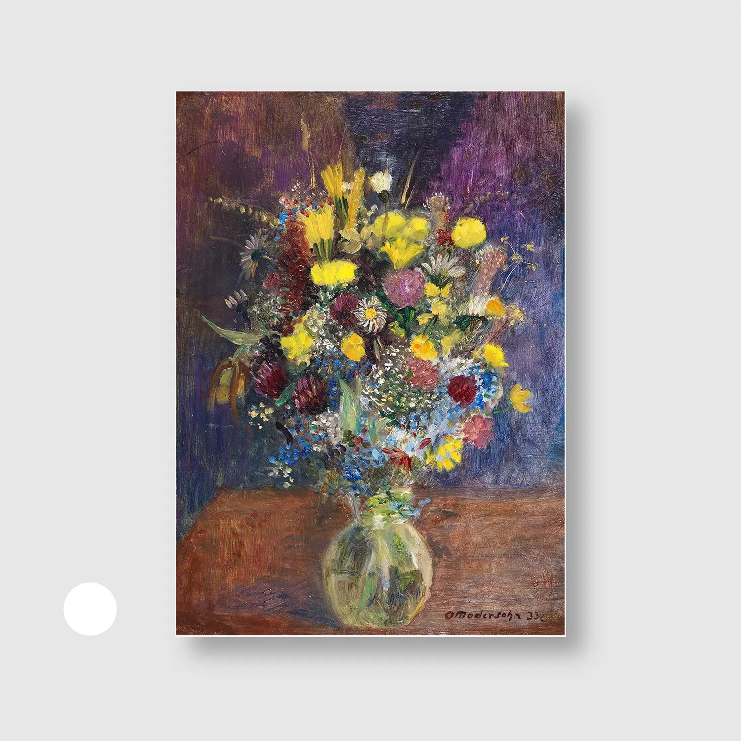 Flowers against a blue-tinted background (1933) (Graphic Only) with White Frame - Dramatic Still life Wall Art