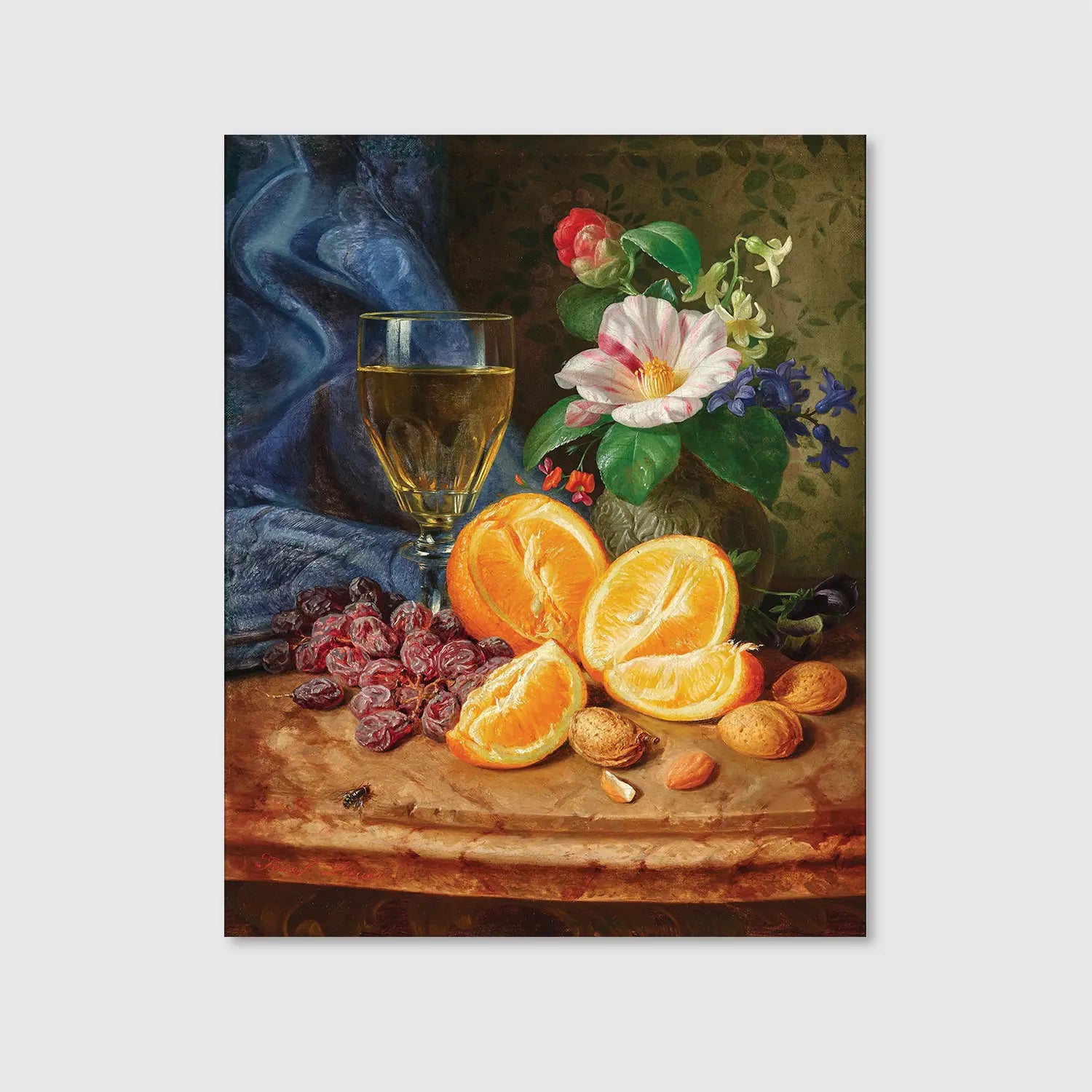 Still Life with Oranges, a Wine Glass and Camellias in a Vase (Graphic Only) - Cozy Still life Wall Art for Living room