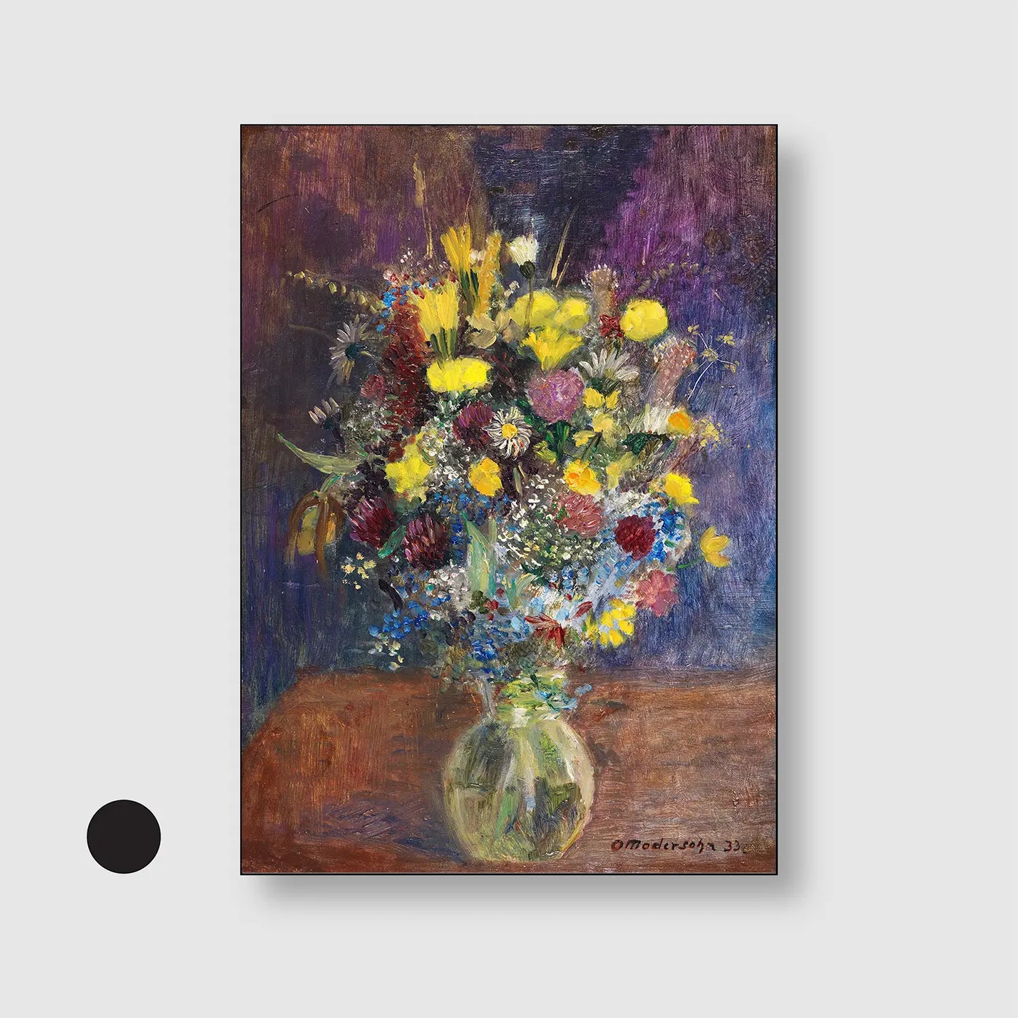 Flowers against a blue-tinted background (1933) (Graphic Only) with Black Frame - Dramatic Still life Wall Art