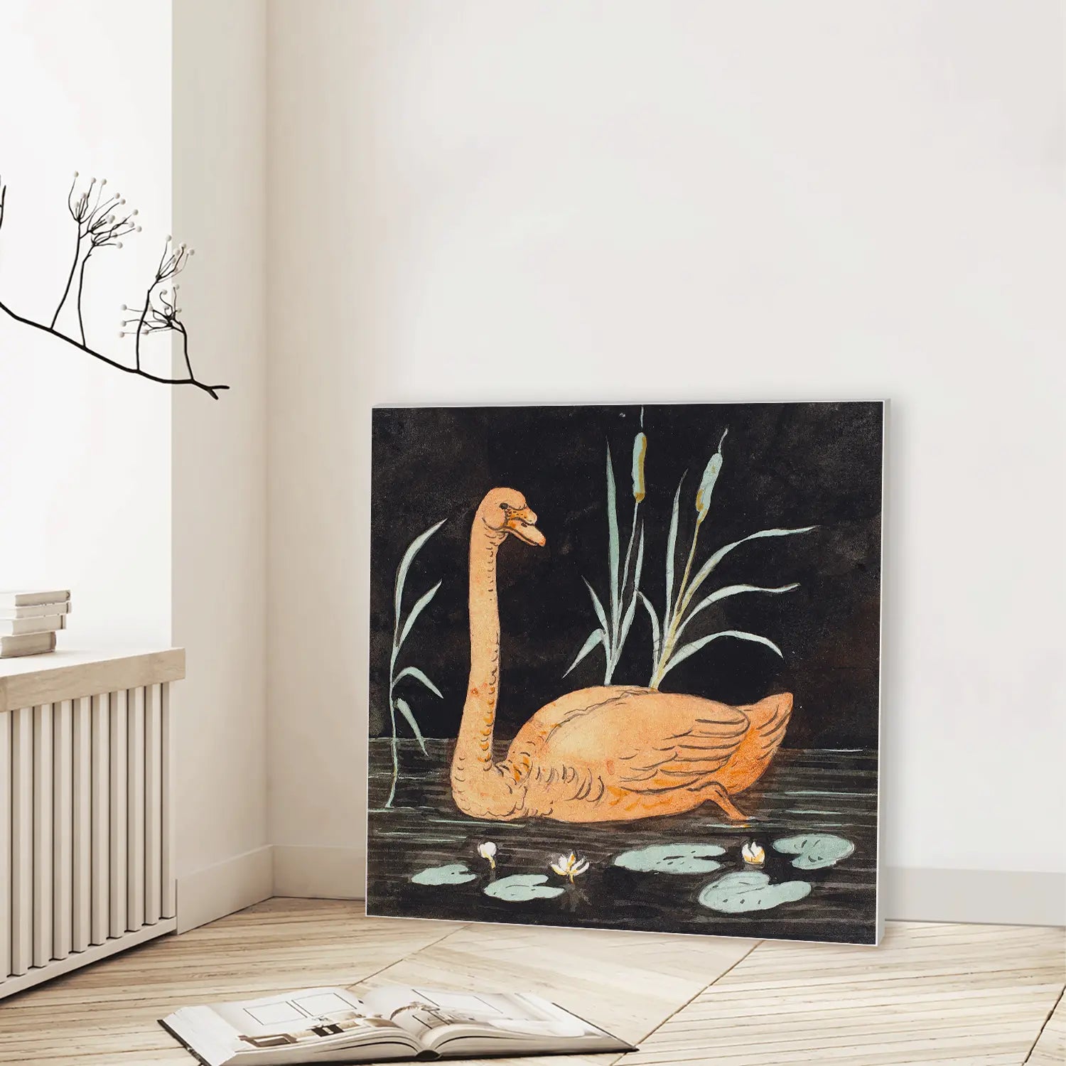 Swan on a black background (Graphic Only) Lifestyle View - Playful Animals Wall Art