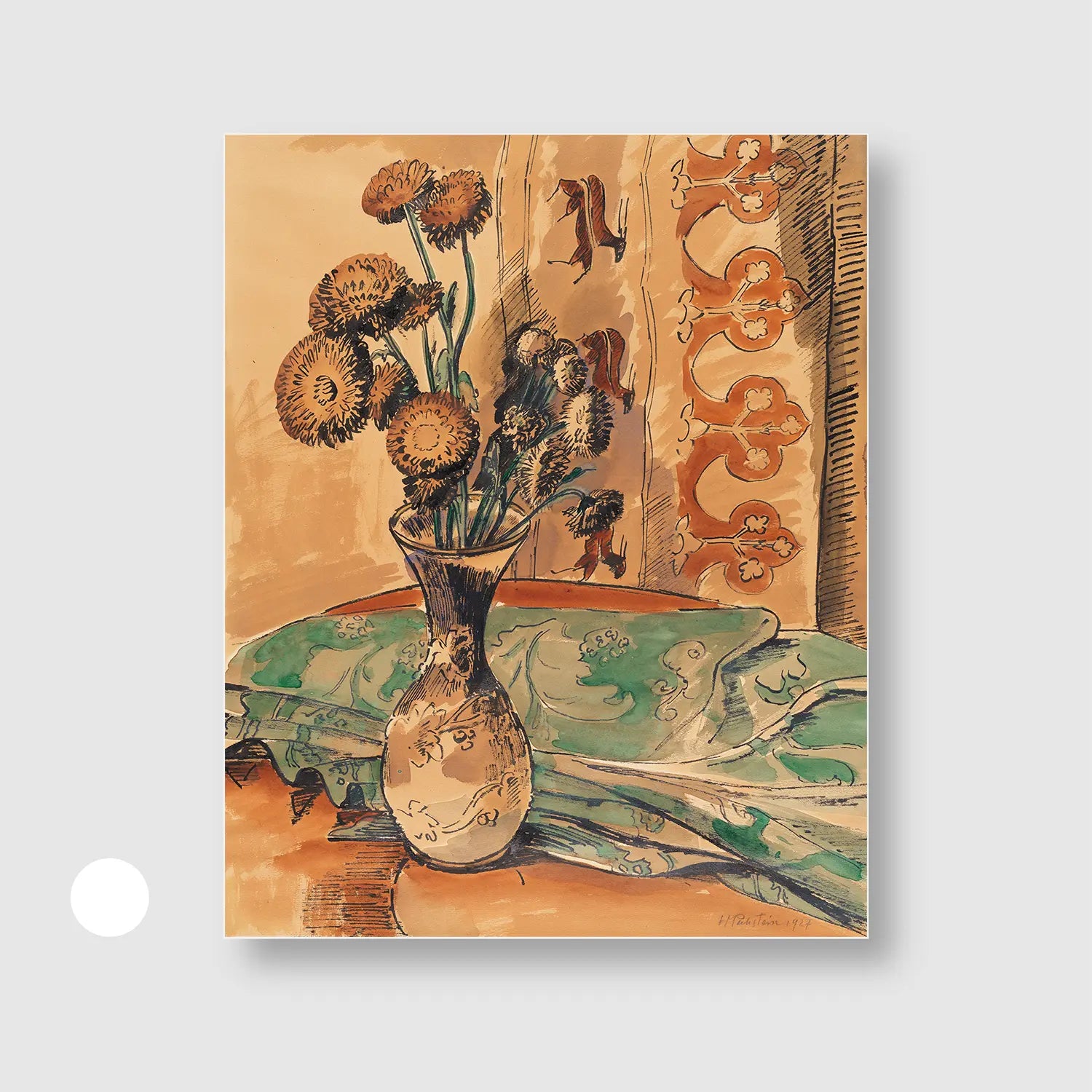 Flower Still Life with Green Blanket (1927) (Graphic Only) with White Frame - Cozy Still life Wall Art