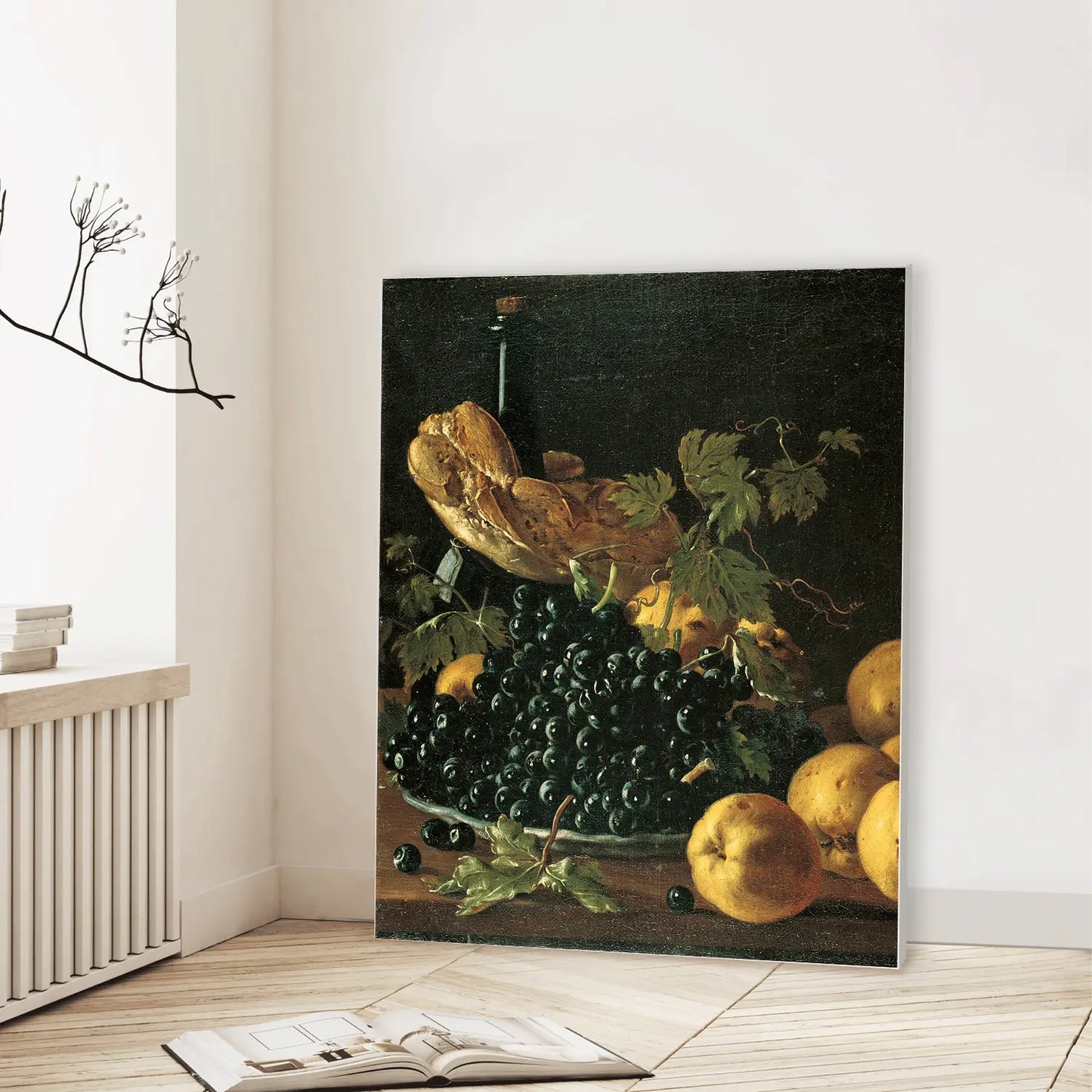 Still Life with Bread, Apples, Grapes and a Bottle (circa 1771) (Graphic Only) Lifestyle View - Serene Still life Wall Art