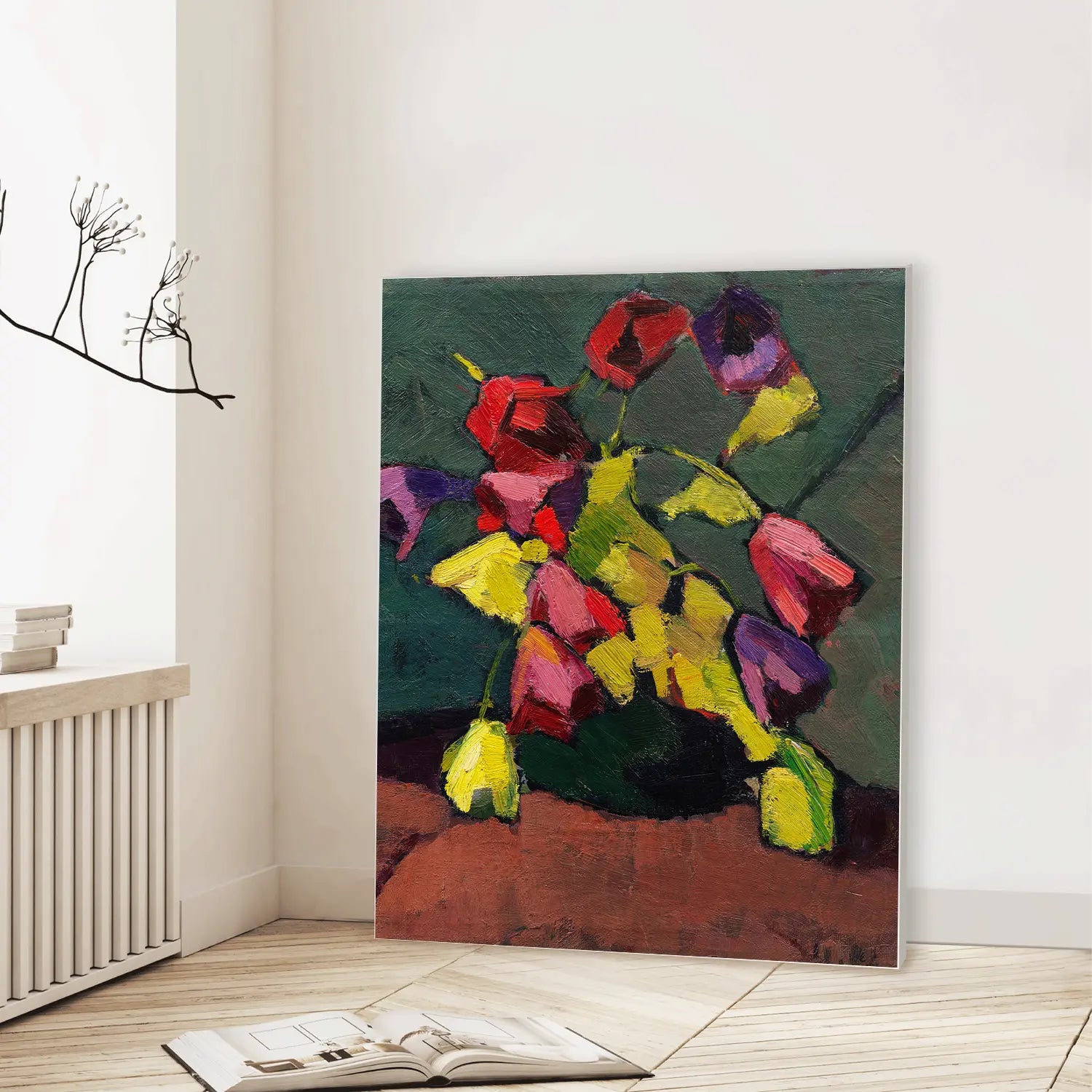 Tulips in a green vase (1912) (Graphic Only) Lifestyle View - Dramatic Still life Wall Art