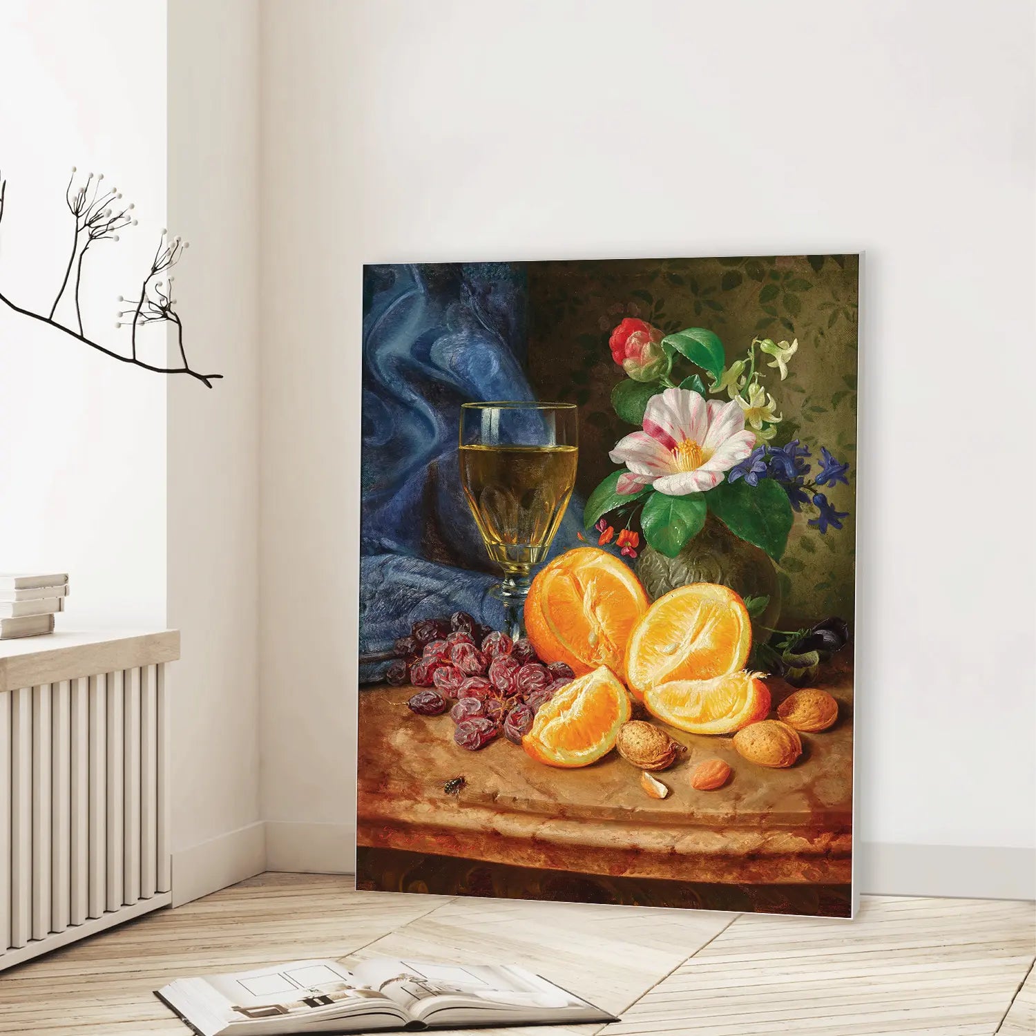 Still Life with Oranges, a Wine Glass and Camellias in a Vase (Graphic Only) Lifestyle View - Cozy Still life Wall Art