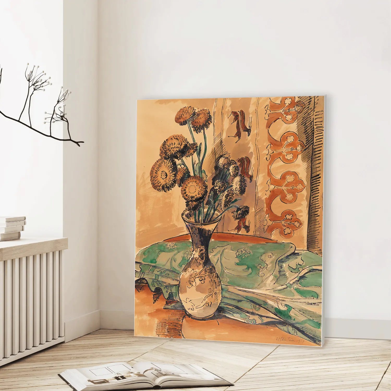 Flower Still Life with Green Blanket (1927) (Graphic Only) Lifestyle View - Cozy Still life Wall Art