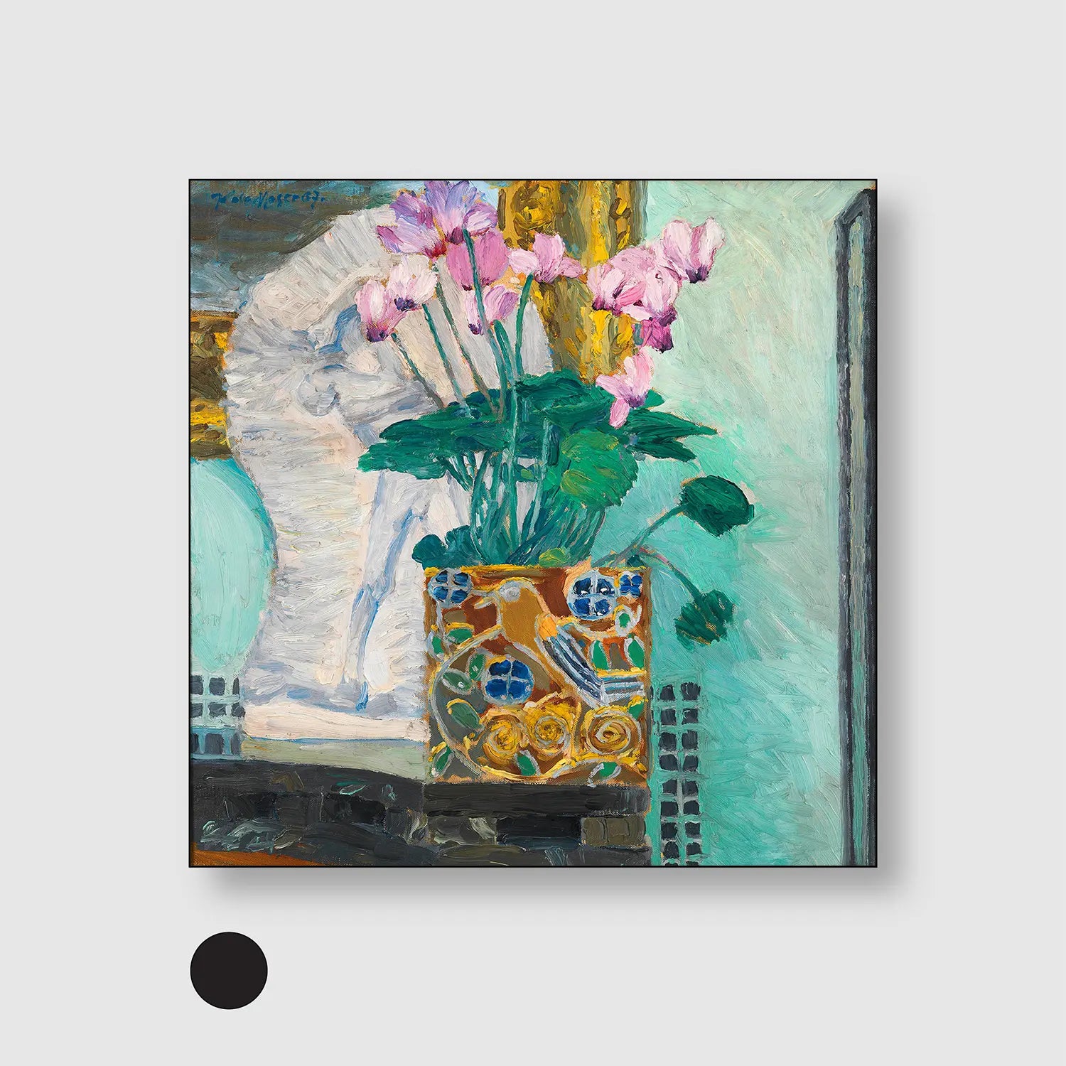 Floral still life with cyclamen branch (1907) (Graphic Only) with Black Frame - Dramatic Still life Wall Art