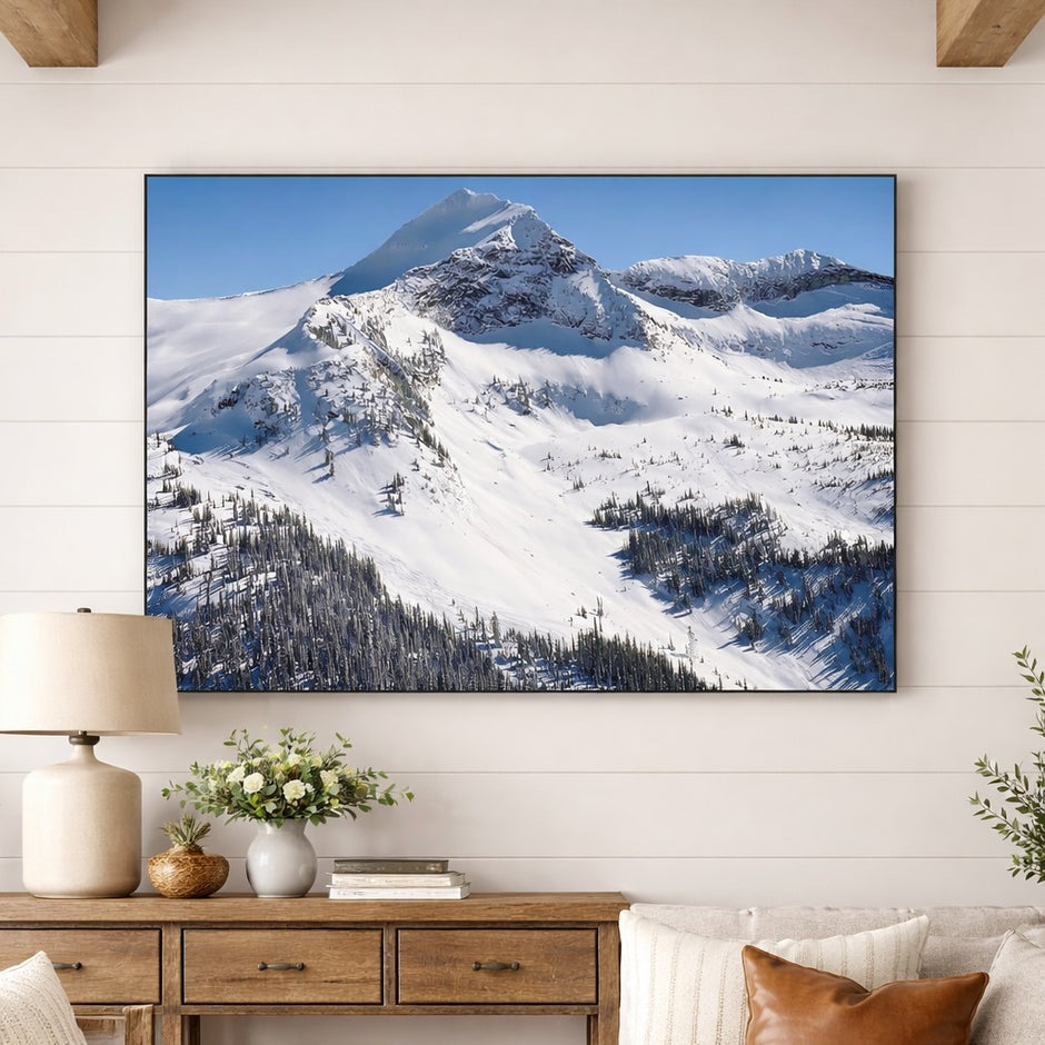 A large fabric photo print displayed on a wall.