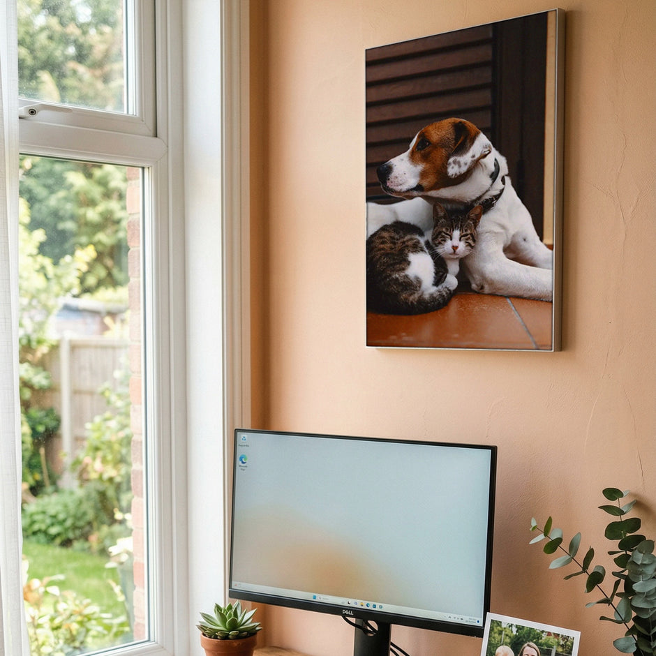 A large fabric print hanging in a styled living space.